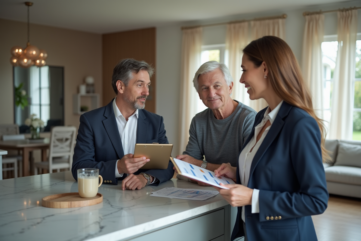 Agent immobilier montrant un graphique à un couple dans une cuisine moderne