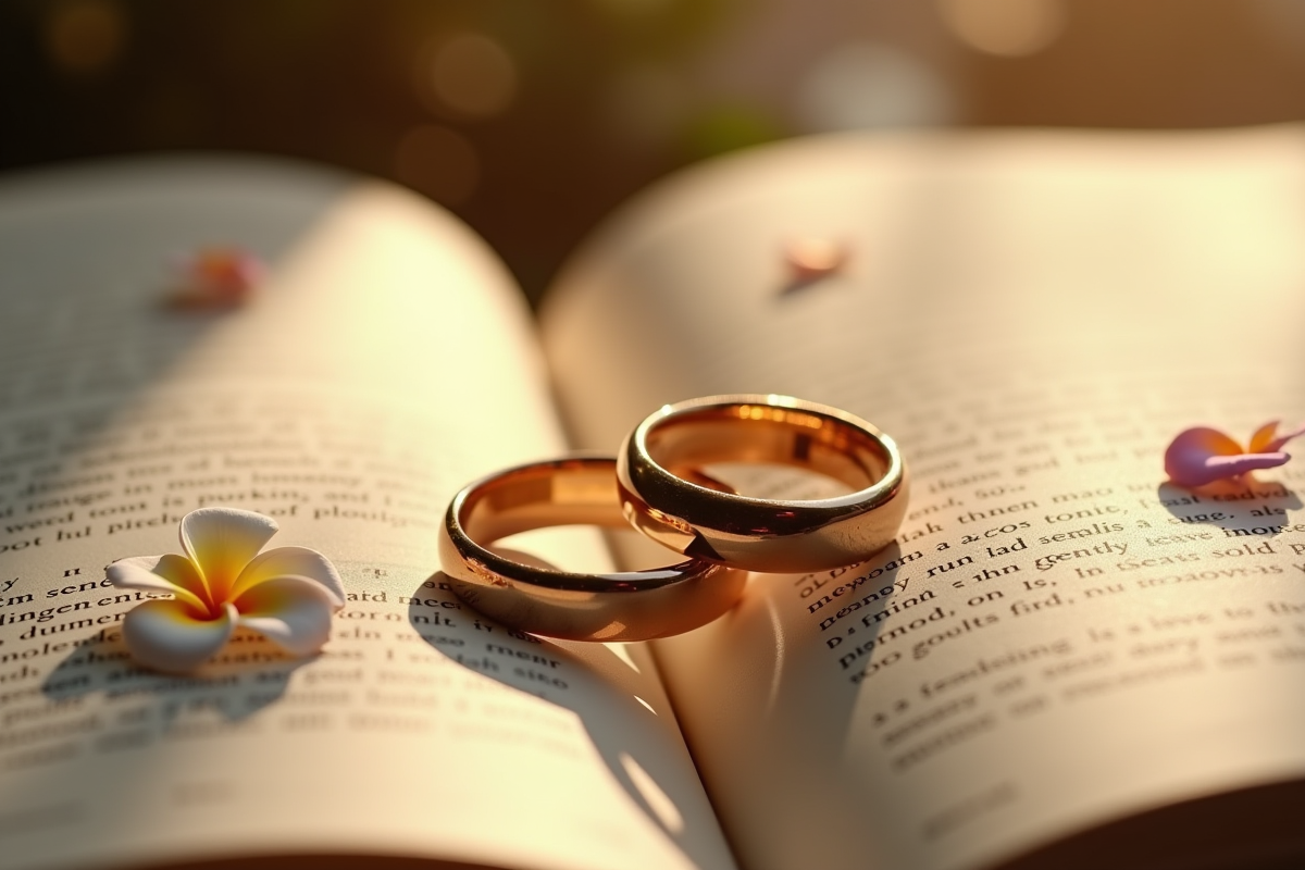 Alliances de mariage sur un livre avec fleurs délicates