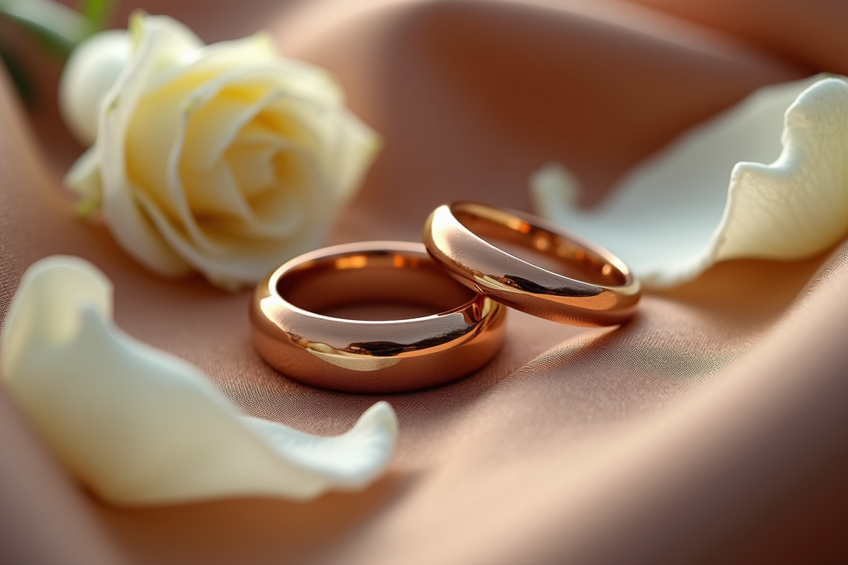 Alliances de mariage sur tissu bronze entourées de roses