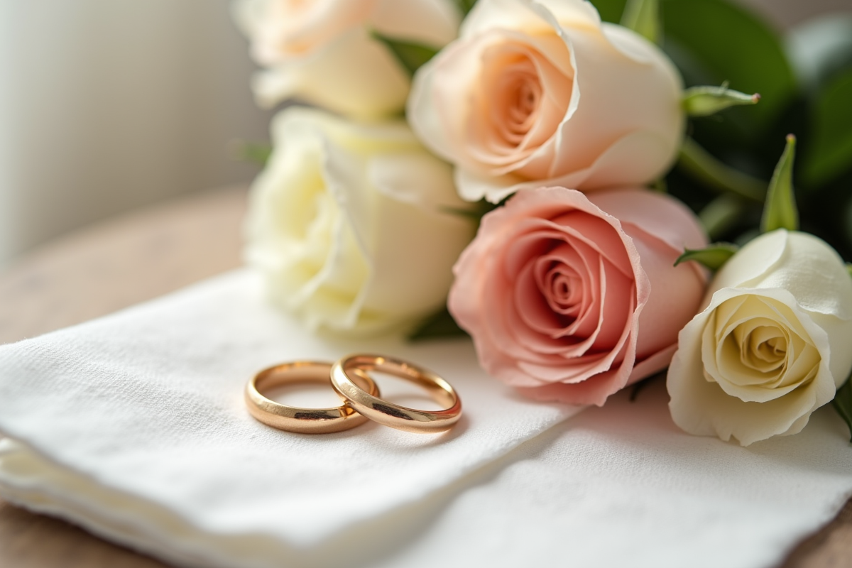 Alliances entrelacees sur une serviette blanche avec roses