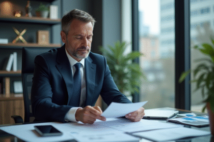 Analyste financier en costume dans un bureau sophistiqué