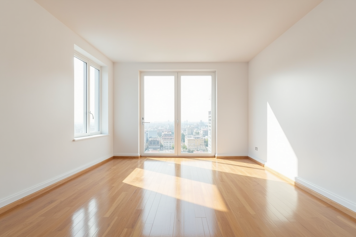 Appartement vide avec parquet et grandes fenêtres