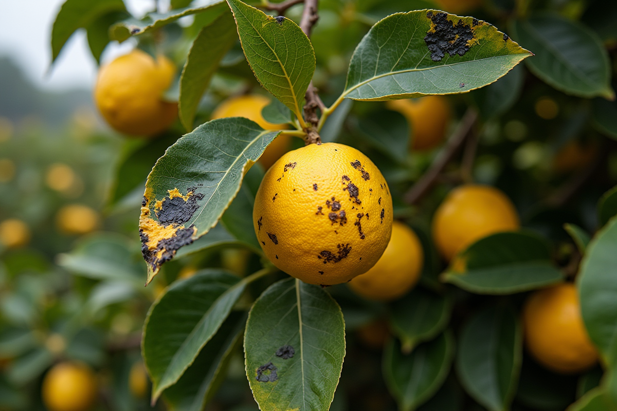 Arbre de citron avec citrons jaunes et feuilles malades