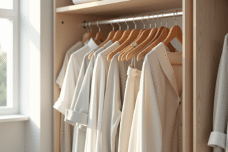 Armoire minimaliste avec vêtements neutres et lumière naturelle