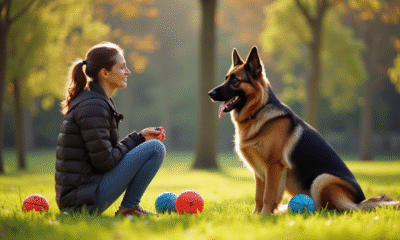 Chien berger allemand royal assis avec une dresseuse dans un parc ensoleille