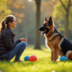Chien berger allemand royal assis avec une dresseuse dans un parc ensoleille