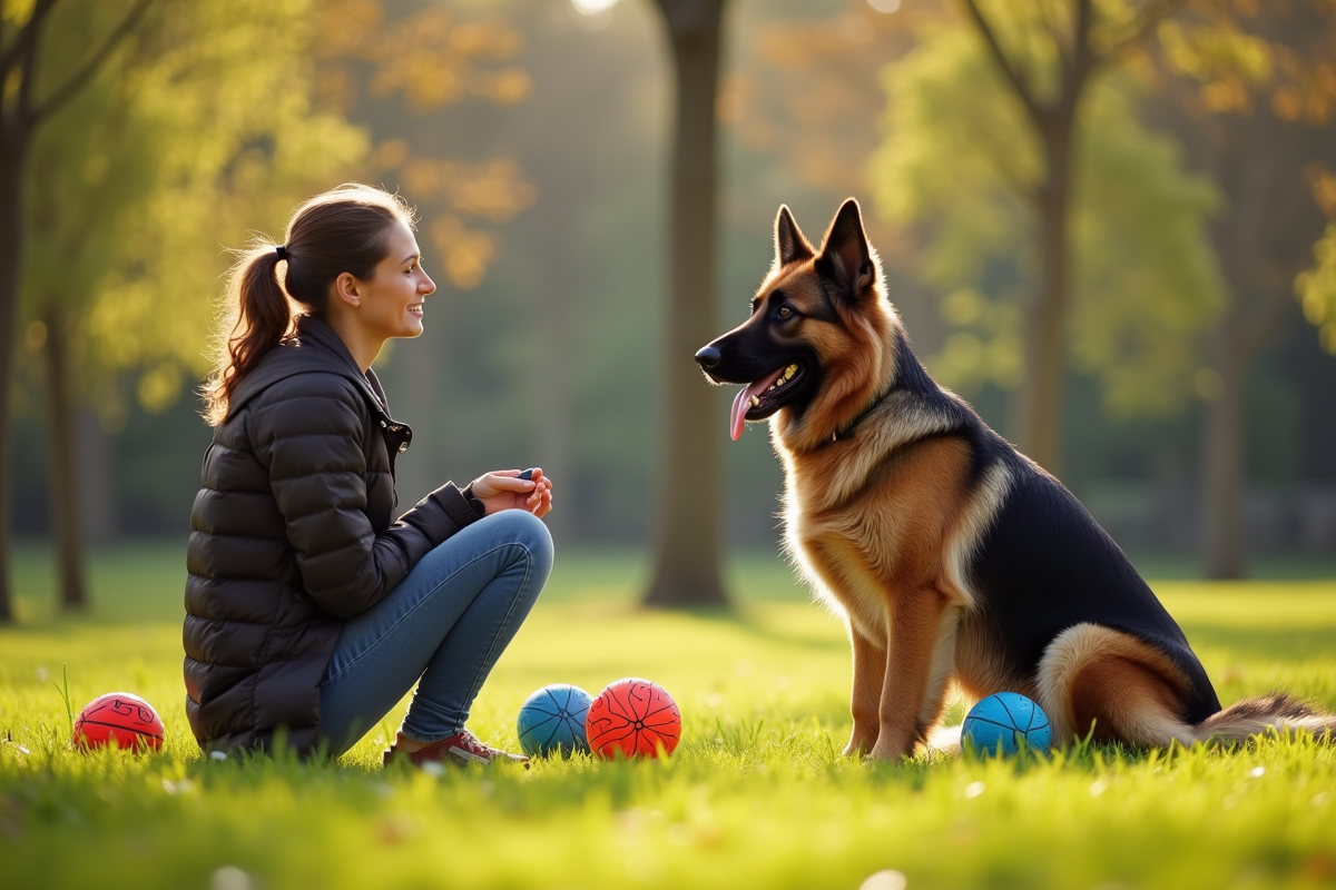 Chien berger allemand royal assis avec une dresseuse dans un parc ensoleille