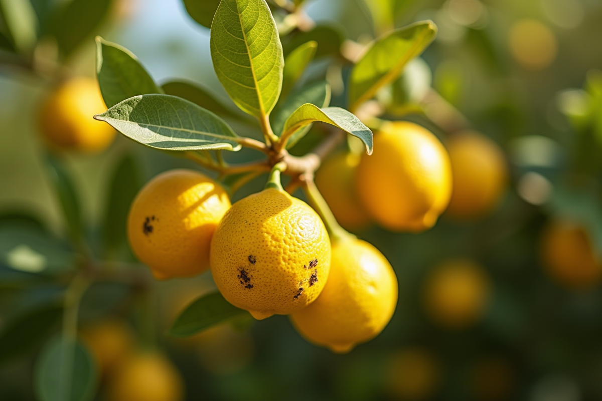 Branche de citronnier avec feuilles jaunies et tachetées
