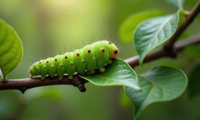 Gros plan d'une branche de pommier avec une chenille verte sur une feuille