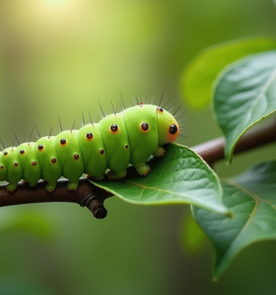 Gros plan d'une branche de pommier avec une chenille verte sur une feuille