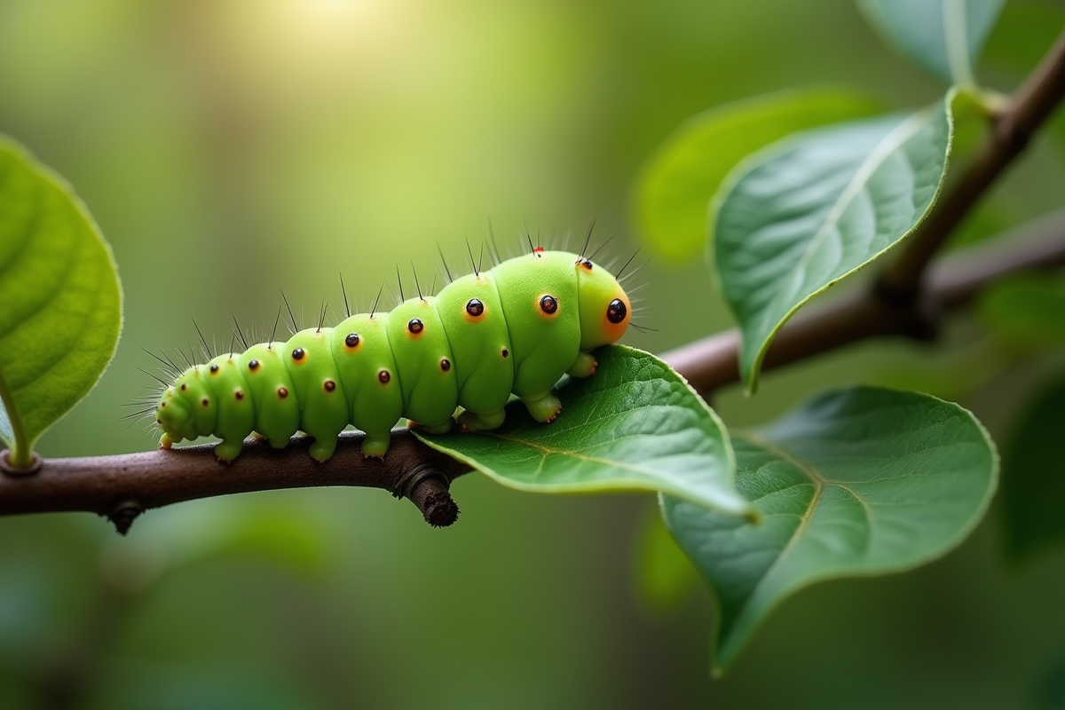 Gros plan d'une branche de pommier avec une chenille verte sur une feuille