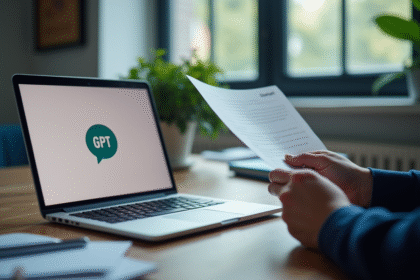 Bureau moderne avec personne lisant un document et ordinateur