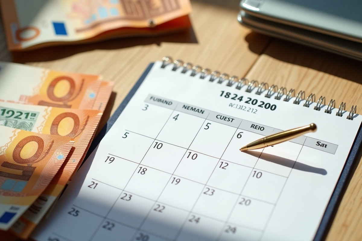 Vue de dessus d un calendrier avec des billets d euro et un carnet d épargne