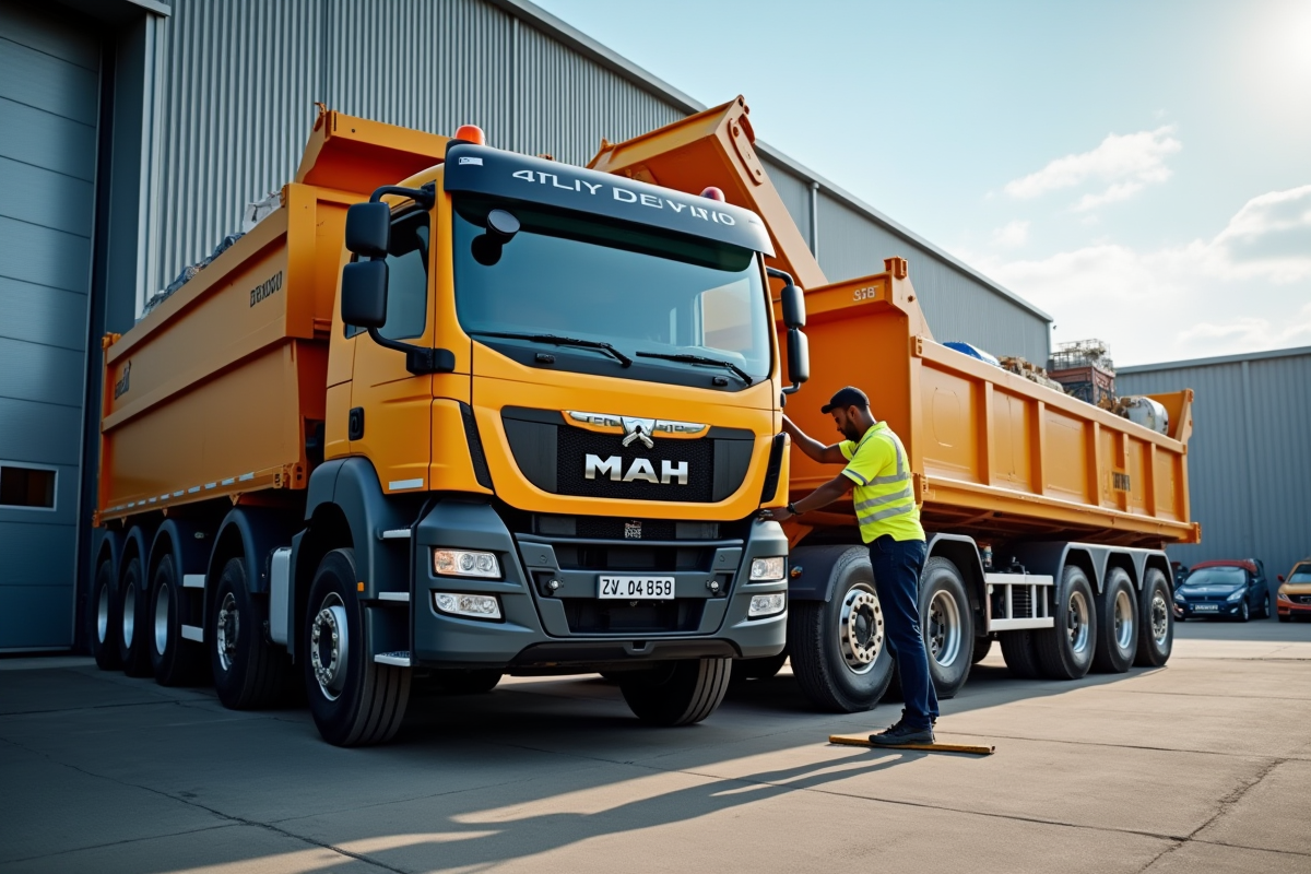 Camion polybenne de 12 tonnes en zone industrielle avec opérateur