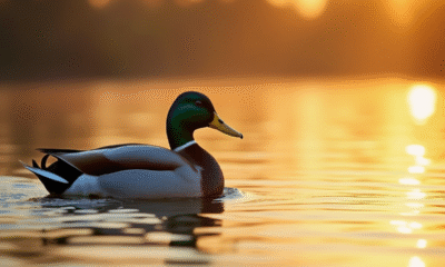 Canard mallard glissant sur un lac au coucher de soleil