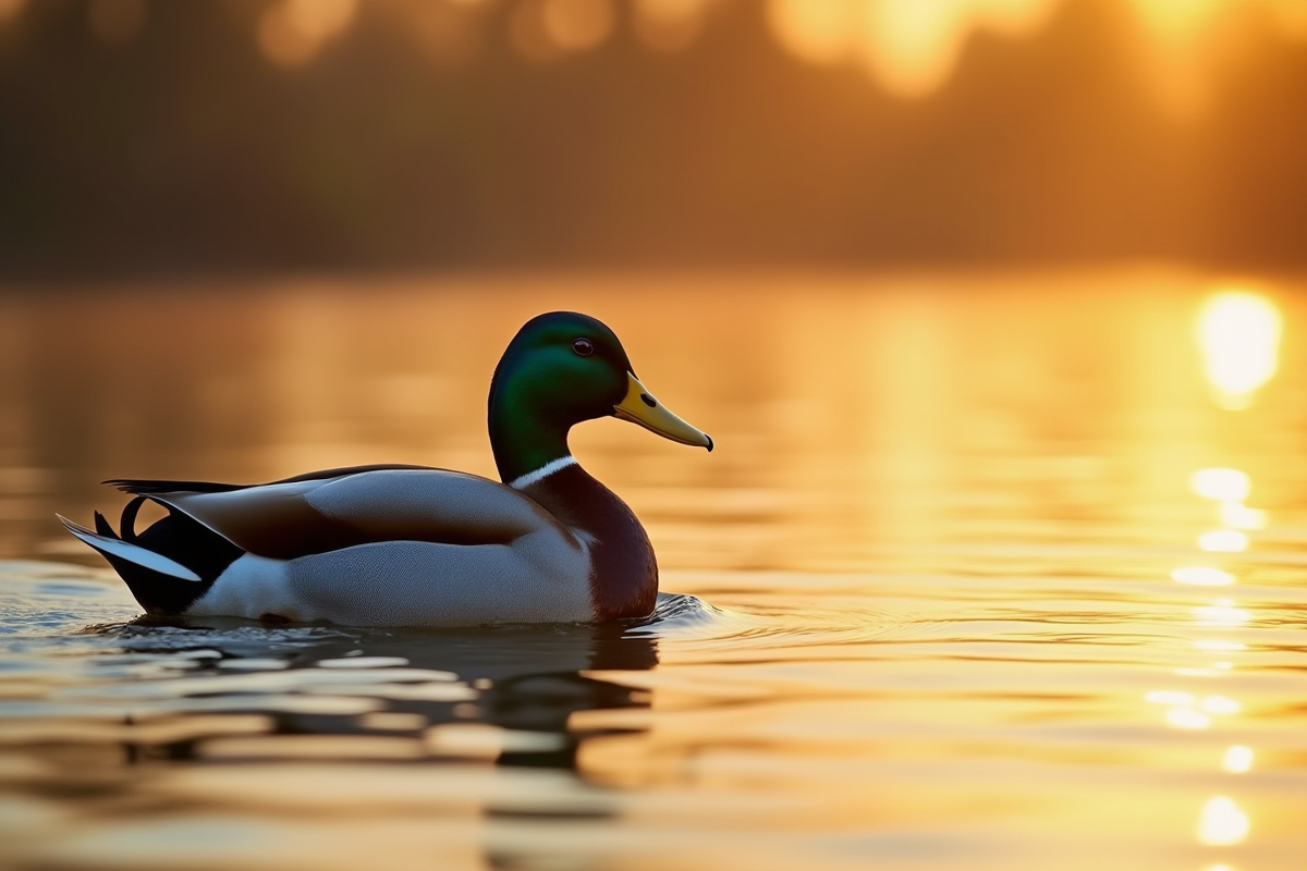 Canard mallard glissant sur un lac au coucher de soleil