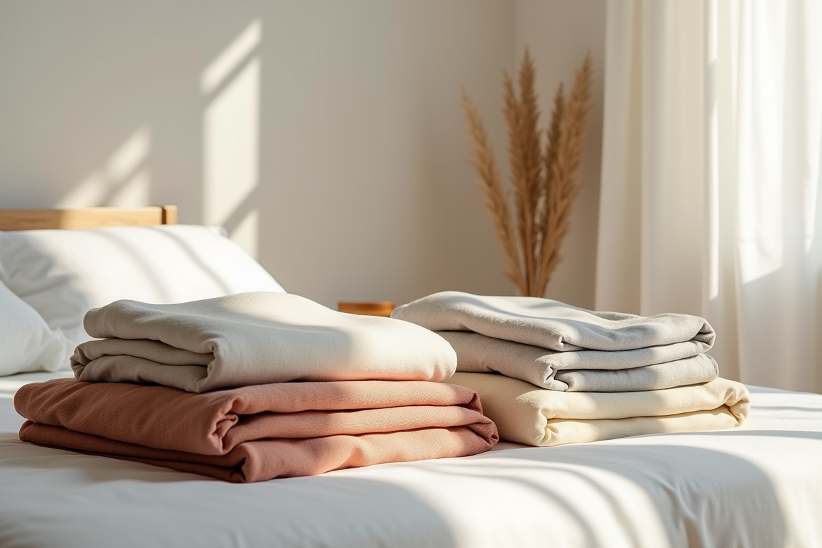 Vêtements pliés sur un lit blanc dans une garde-robe minimaliste
