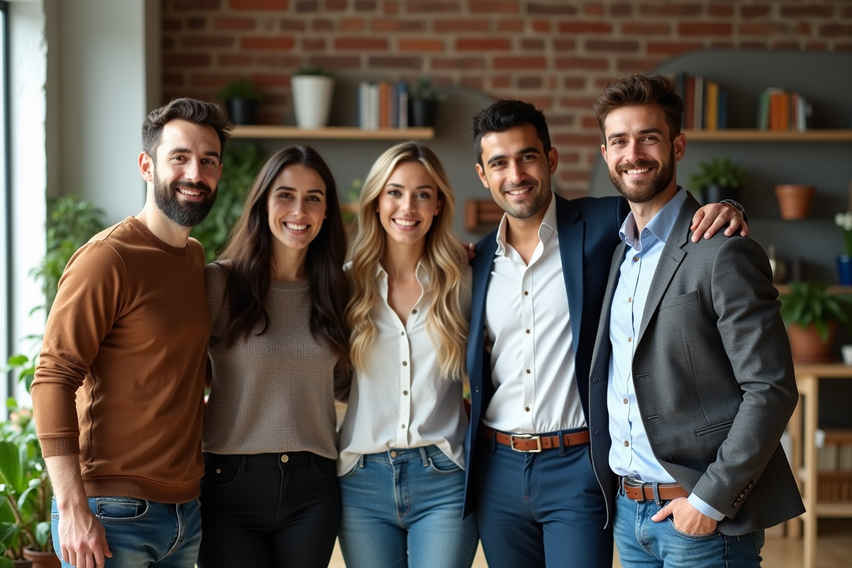 Collègues divers en pose détendue dans un espace de travail lumineux