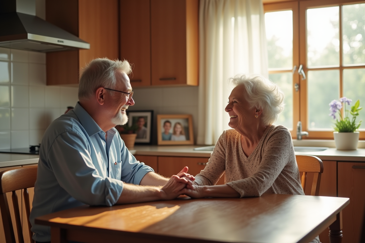 Couple d'âge moyen souriant à la cuisine chaleureuse