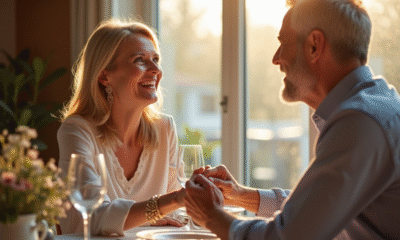Couple mature souriant lors d un dîner d anniversaire