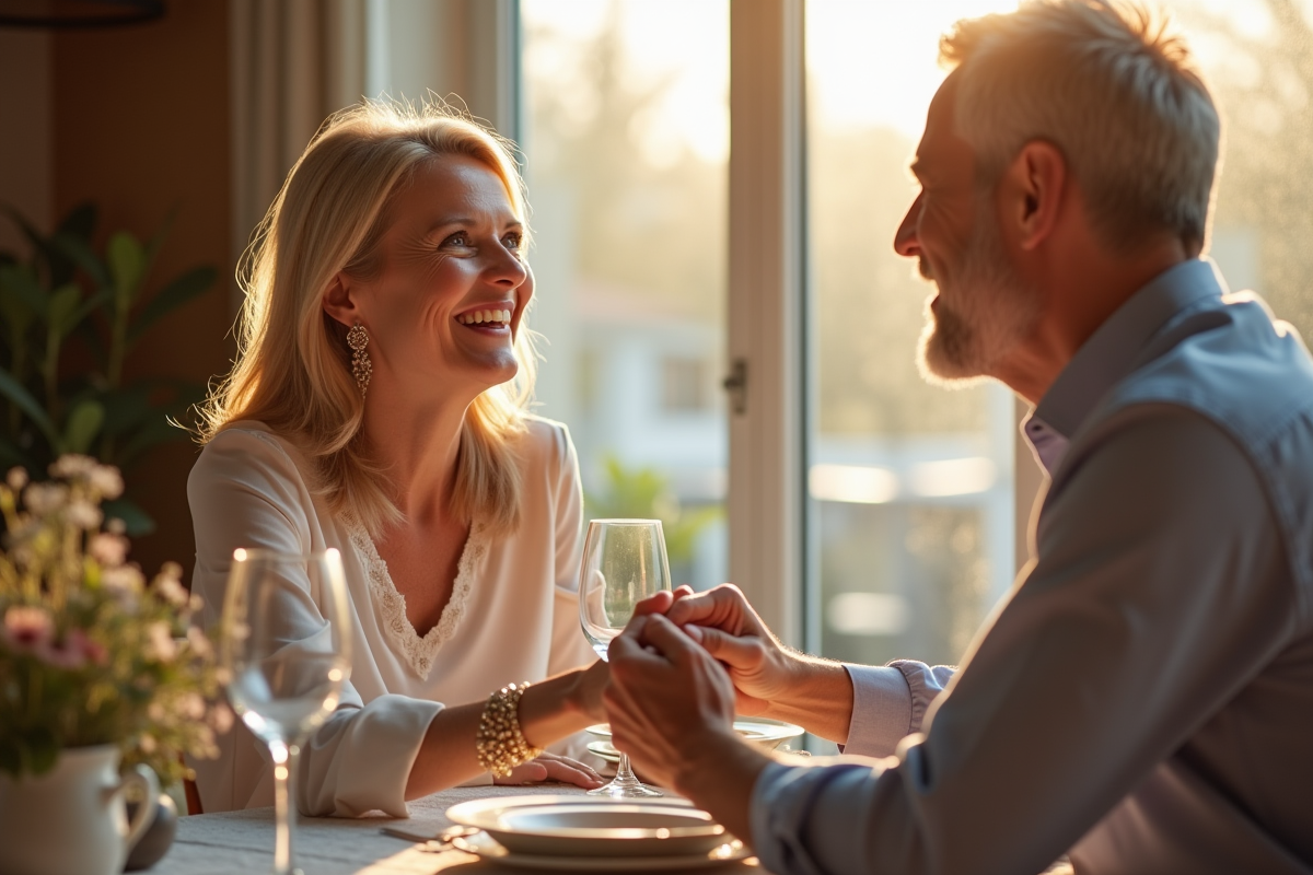 Couple mature souriant lors d un dîner d anniversaire