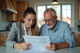 Couple d'adultes travaillant sur des documents d'impots à la maison