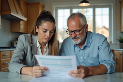 Couple d'adultes travaillant sur des documents d'impots à la maison