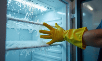 Personne en gants en caoutchouc retire la glace du congélateur