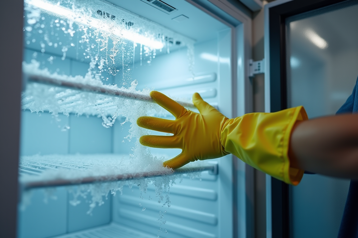 Personne en gants en caoutchouc retire la glace du congélateur