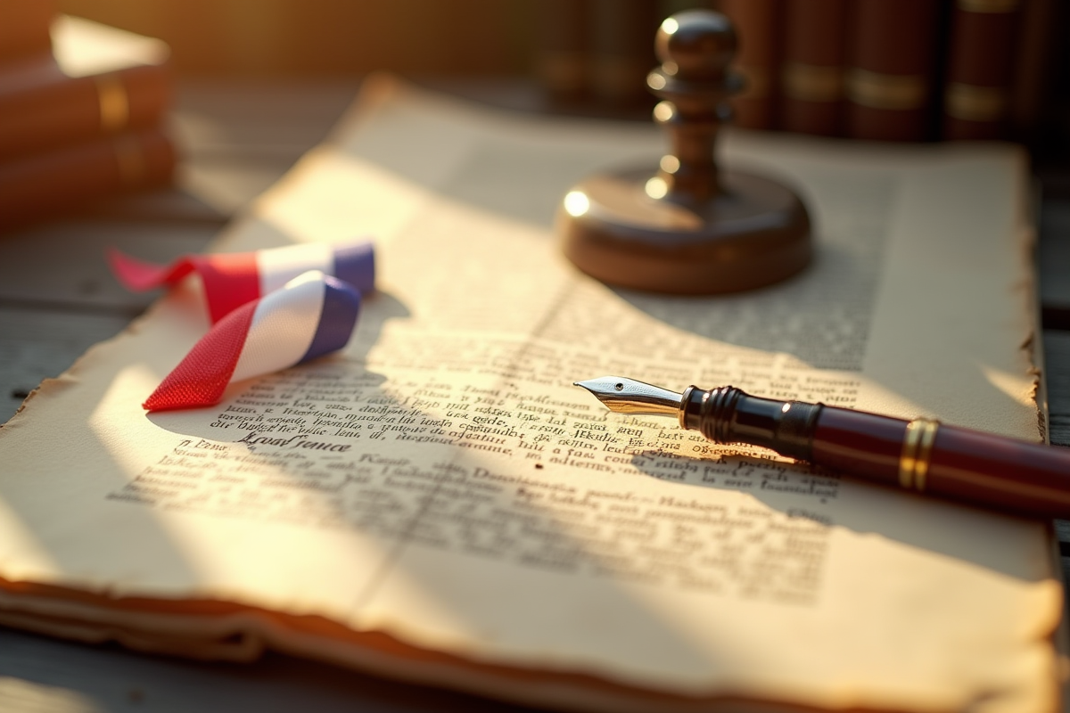 Documents juridiques français du XIXe siècle avec plume et ruban tricolore
