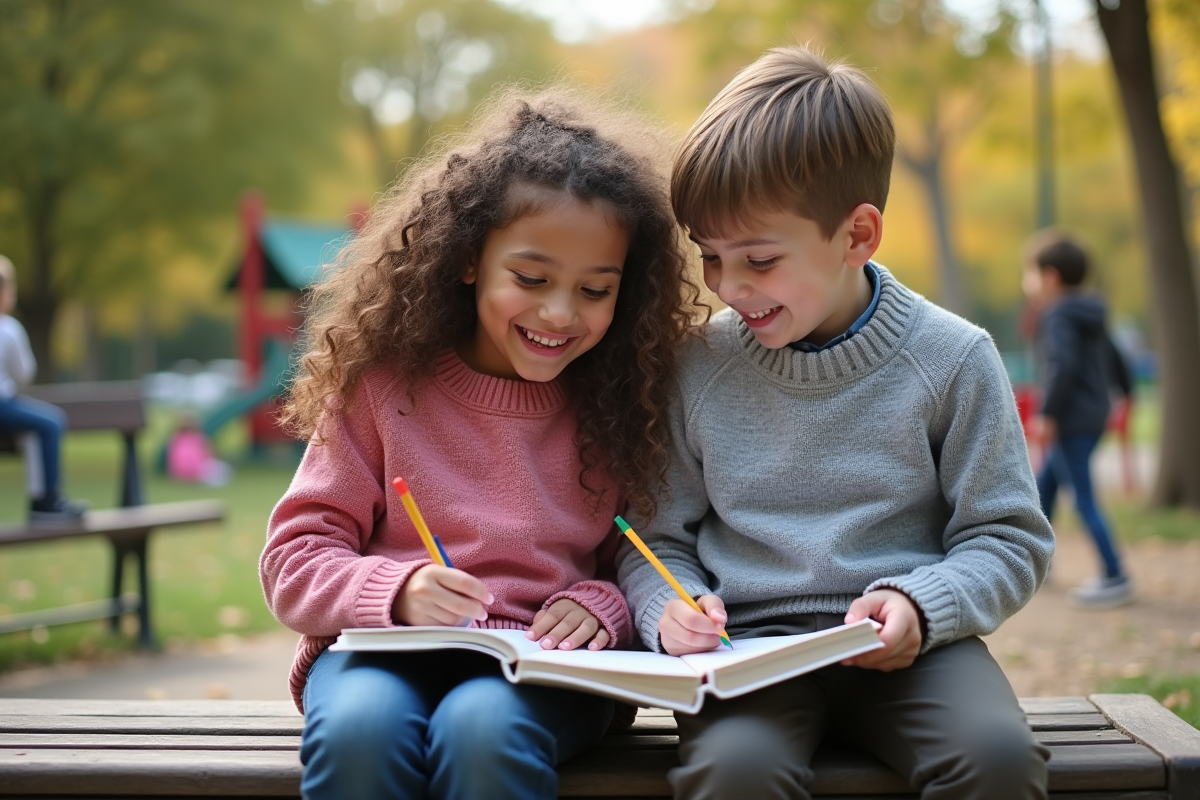Deux enfants rient sur un banc de parc en travaillant ensemble