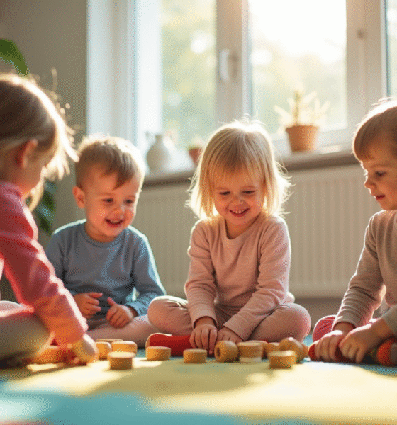 Groupe d'enfants de trois ans jouant avec des jouets en bois dans une salle lumineuse
