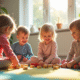Groupe d'enfants de trois ans jouant avec des jouets en bois dans une salle lumineuse