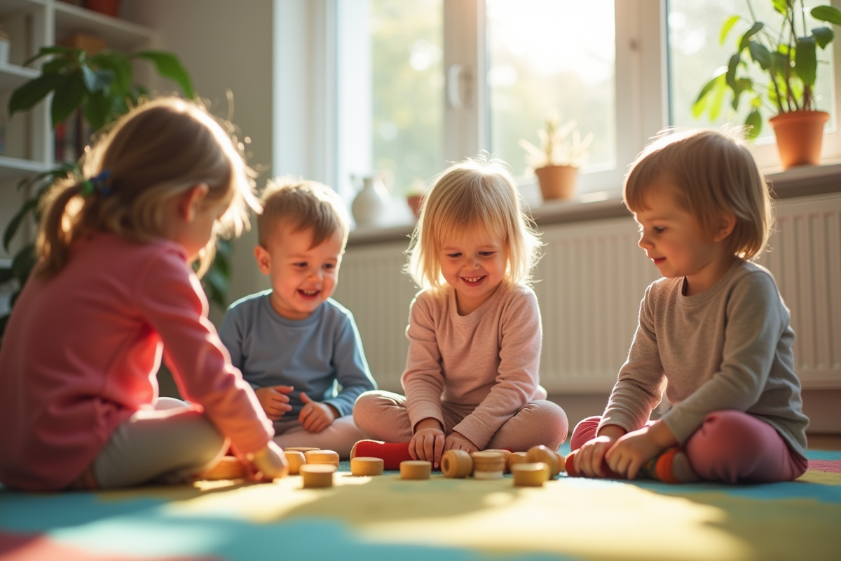 Groupe d'enfants de trois ans jouant avec des jouets en bois dans une salle lumineuse
