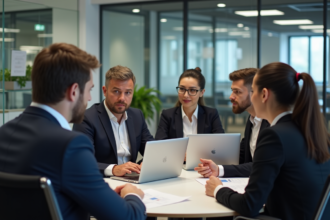 Groupe de professionnels en réunion de travail en bureau moderne