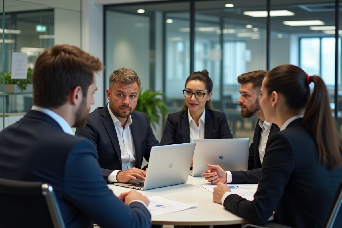 Groupe de professionnels en réunion de travail en bureau moderne