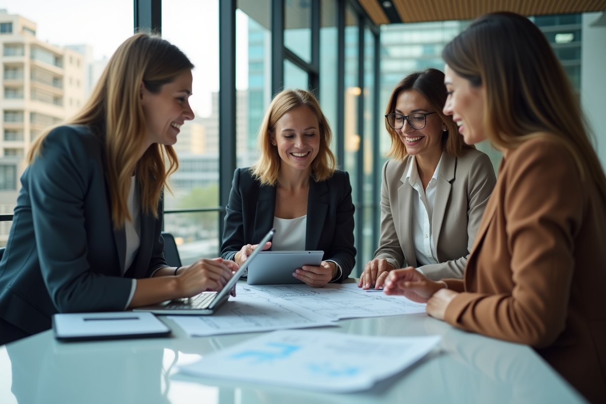 Groupe de professionnels en réunion dans un bureau lumineux
