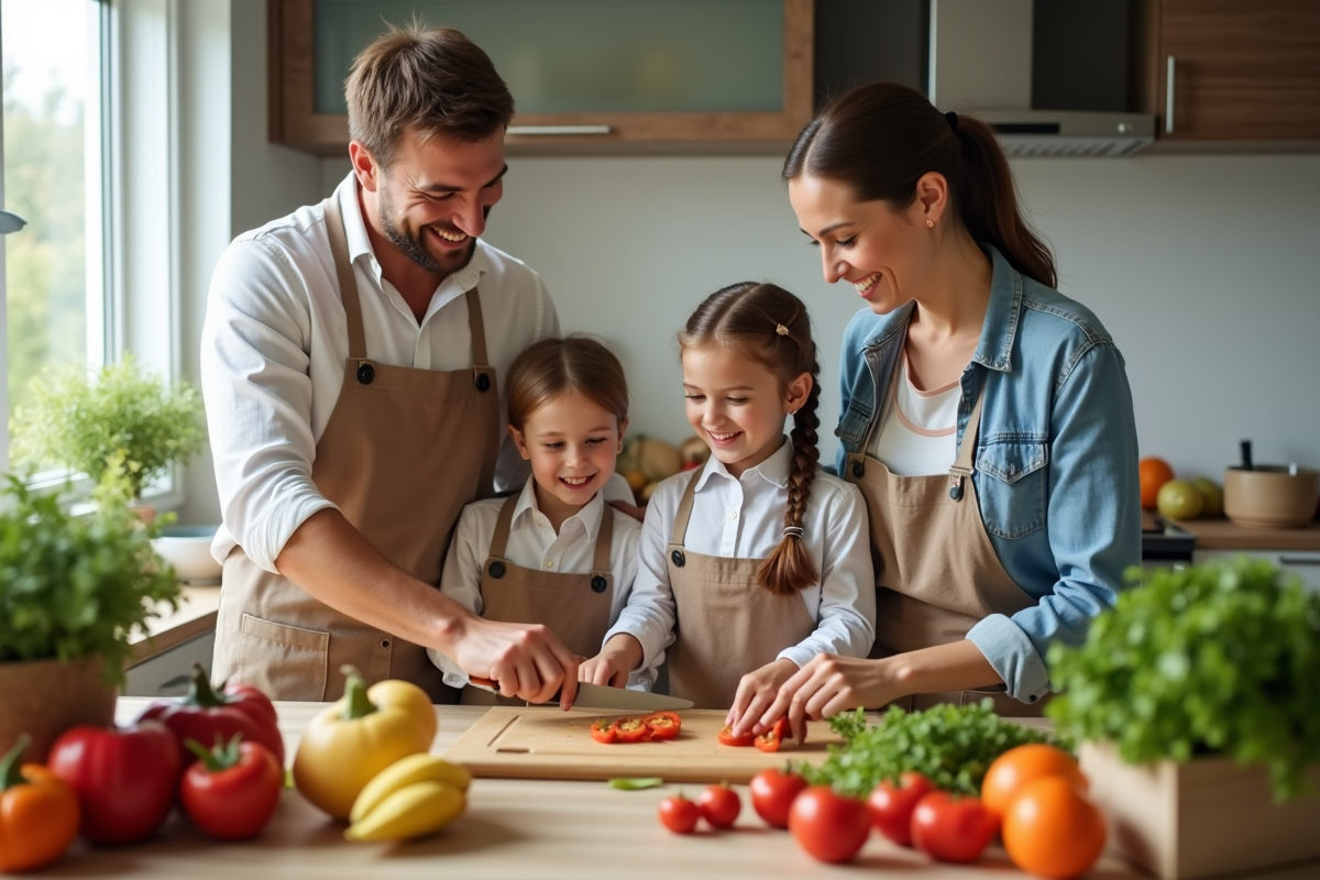 Famille heureuse préparant un repas sain dans la cuisine