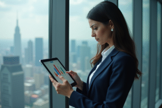 Femme d'affaires en costume regardant une tablette en ville