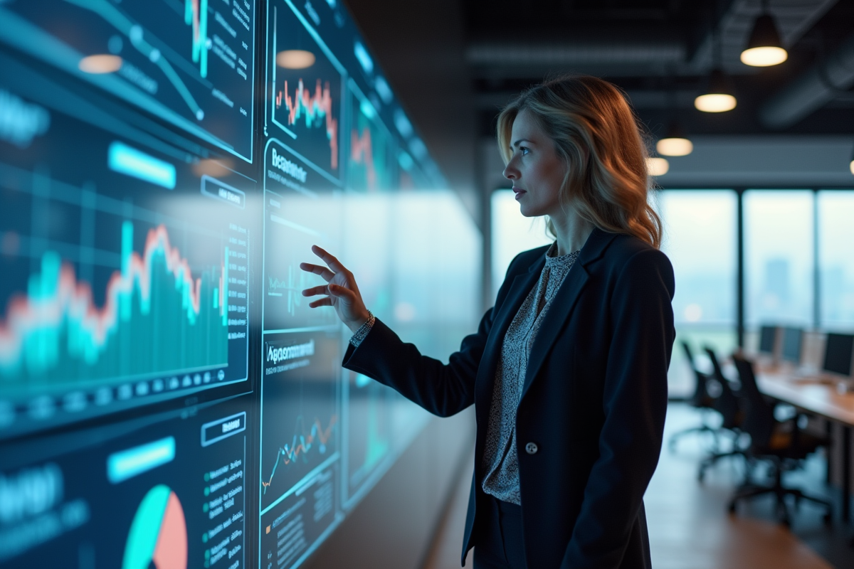 Femme en coworking analysant un tableau de bord digital