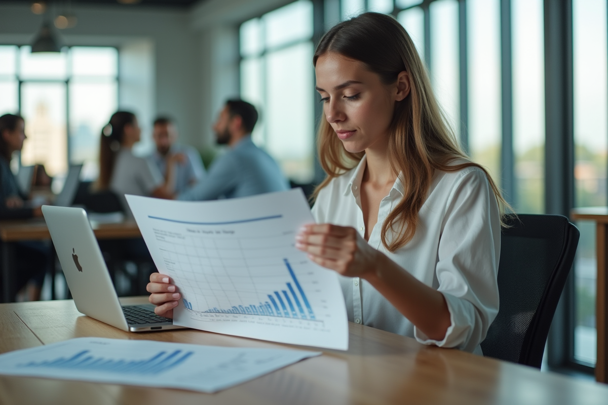 Jeune femme analysant un graphique éléphant dans un bureau moderne