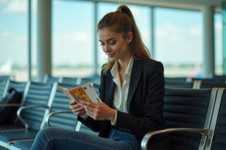 Jeune femme comptant des billets à l'aéroport