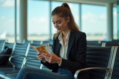 Jeune femme comptant des billets à l'aéroport