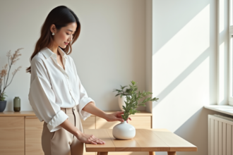 Jeune femme en tenue minimaliste dans un salon lumineux