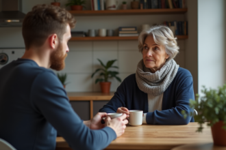 Femme d'âge moyen avec regard doux dans une cuisine chaleureuse