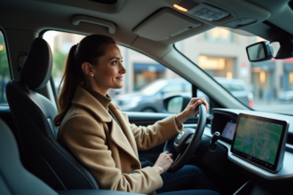 Femme détendue dans une voiture autonome moderne