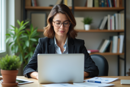Femme d affaires regardant des graphiques bancaires sur son ordinateur