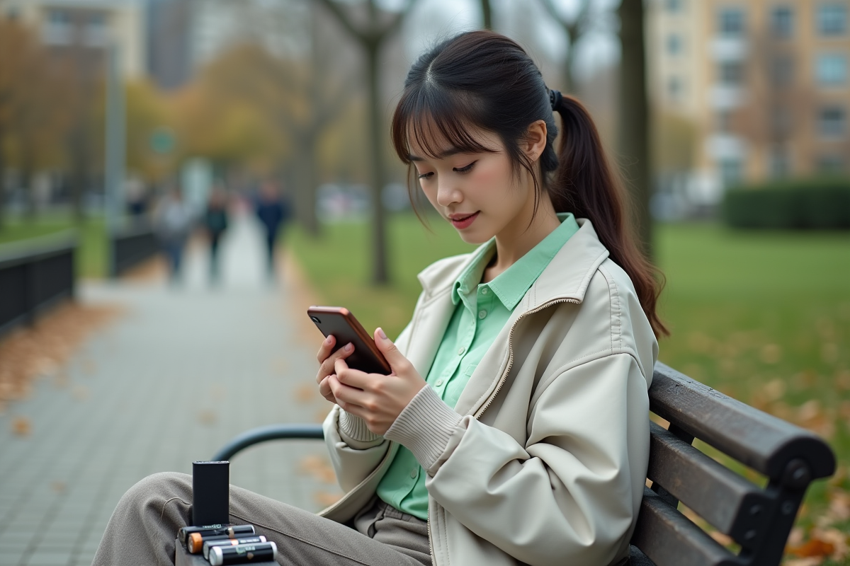 Jeune femme dans un parc étudiant différentes batteries