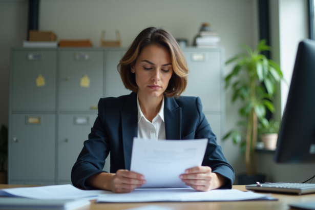 Femme en bureau regardant des documents médicaux