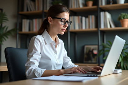 Femme professionnelle compare deux ordinateurs portables en français et anglais